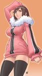  brown_eyes brown_hair copyright_request kenix no_panties pussy solo sweater thighhighs 
