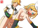  1girl blonde_hair blue_eyes breasts brother_and_sister cum headphones hetero incest kagamine_len kagamine_rin lowres nipples sex siblings small_breasts twincest twins vaginal vocaloid 