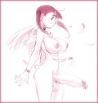  angel angel_wings arms_behind_back bracelet breasts censored collar feathers futanari huge_penis jewelry large_breasts monochrome mosaic_censoring original penis solo twintails uno_makoto wings 