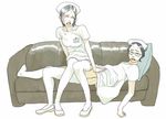  1girl commentary copyright_request cosplay couple crossdressing hetero lowres nurse ryuko_azuma sex shijuuhatte sketch thighhighs traditional_media 