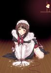  bdsm blush bondage bound brown_hair collar cum cum_in_mouth f-ism facial garters gloves high_heels highres maid murakami_suigun original shoes solo spreader_bar tears 