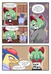  absurd_res beret beverage bodily_fluids clothing coffee comic dialogue embrace ethan_(renaspyro) eyewear female feral furgonomics furry-specific_piercing glasses green_hair hair hat headgear headwear hi_res hug humanoid karma_(renaspyro) kirlia male necktie nintendo open_chested_shirt piercing pok&eacute;mon pok&eacute;mon_(species) prank renaspyro smile sweat thought_bubble typhlosion video_games white_body white_skin 