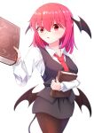  1girl :o absurdres bat_wings black_legwear black_skirt black_vest book book_hug breasts collared_shirt demon_tail dot_nose dress_shirt eyebrows_visible_through_hair eyes_visible_through_hair hair_ornament head_wings highres holding holding_book koakuma long_sleeves looking_at_viewer low_wings medium_breasts necktie object_hug pantyhose red_eyes red_hair red_necktie shirt simple_background skirt skirt_set solo suzuki_eiru tail touhou vest white_background white_shirt wings 