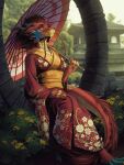  2021 anthro asian_clothing asian_mythology barbel_(anatomy) black_horn blue_feet breasts claws clothing countershade_scales countershading crossed_legs detailed_background dragon east_asian_clothing east_asian_mythology eastern_dragon eyebrows eyelashes female flesh_whiskers flower fluffy fluffy_tail hand_on_lap hi_res holding_object holding_umbrella horn howlite japanese_clothing kimono long_tail looking_up mane markings mythology noodle_(jestrab) plant raised_eyebrow red_body red_clothing red_ears red_scales reptile rock scales scalie shaded sitting sky smile solo temple tree umbrella yellow_body yellow_claws yellow_clothing yellow_countershading yellow_eyes yellow_inner_ear yellow_markings yellow_scales 