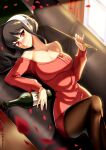  1girl bangs bare_shoulders black_hair black_legwear blush bottle breasts cleavage collarbone commentary couch dress english_commentary feet_out_of_frame fiercestbard hairband highres holding holding_weapon indoors large_breasts long_sleeves looking_at_viewer lying nose_blush off-shoulder_dress off-shoulder_sweater off_shoulder on_back pantyhose petals red_dress red_eyes red_sweater rose_petals short_hair_with_long_locks smile solo spy_x_family sweater sweater_dress thighs weapon white_hairband wine_bottle yor_briar 