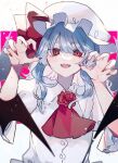  1girl arms_up ascot bat_wings blue_hair blush claw_pose eyebrows_visible_through_hair fang fangs fingernails flower hair_between_eyes hands_up hat hat_ribbon highres katai_(nekoneko0720) looking_at_viewer mob_cap nail_polish open_mouth puffy_sleeves red_eyes red_nails red_ribbon remilia_scarlet ribbon rose short_hair short_sleeves solo touhou upper_body wings 