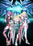  3girls absurdres aegis_sword_(xenoblade) bangs black_gloves blonde_hair breasts chest_jewel cleavage cleavage_cutout clothing_cutout dress earrings elbow_gloves fingerless_gloves gloves hakusai_(hksicabb) highres jewelry large_breasts long_hair multiple_girls mythra_(xenoblade) pneuma_(xenoblade) pyra_(xenoblade) red_eyes red_hair red_shorts short_dress short_hair short_shorts shorts swept_bangs sword tiara very_long_hair weapon white_dress xenoblade_chronicles_(series) xenoblade_chronicles_2 yellow_eyes 