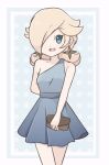  1girl alternate_costume bag bare_arms bare_shoulders blue_dress blue_eyes chocomiru dress earrings eyebrows_visible_through_hair handbag jewelry long_hair looking_at_viewer mario_(series) one_eye_covered sleeveless sleeveless_dress smile solo super_mario_galaxy super_mario_galaxy_2 