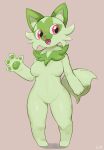  2022 4_fingers absurd_res anthro anthrofied breasts buta99 claws cute_fangs featureless_breasts featureless_crotch felid feline female finger_claws fingers full-length_portrait fur gesture green_body green_fur hi_res kemono mammal nintendo nude open_mouth pawpads paws pok&eacute;mon pok&eacute;mon_(species) pok&eacute;morph portrait red_eyes solo sprigatito tongue video_games waving waving_at_viewer 