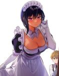  1boy 1girl black_hair breasts cleavage commentary_request elbow_gloves gloves hair_between_eyes konbu_wakame lilith_(saikin_yatotta_maid_ga_ayashii) looking_at_viewer maid maid_headdress medium_breasts mole mole_on_breast pink_eyes saikin_yatotta_maid_ga_ayashii short_hair simple_background white_background white_gloves yuuri_(saikin_yatotta_maid_ga_ayashii) 