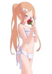  1girl abigail_williams_(fate) abigail_williams_(swimsuit_foreigner)_(fate) abigail_williams_(swimsuit_foreigner)_(third_ascension)_(fate) bikini blonde_hair blue_eyes bow closed_eyes closed_mouth eyebrows_visible_through_hair fate/grand_order fate_(series) flat_chest flower frilled_bikini frills hair_bow highres holding holding_flower jilu long_hair looking_at_viewer navel ponytail red_flower red_rose rose simple_background smile solo swimsuit white_background white_bikini white_bow 
