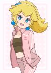  1girl adidas alternate_costume artist_name blue_eyes chocomiru crown crown_removed earrings eyebrows_visible_through_hair jewelry long_hair mario_(series) pants polka_dot polka_dot_background ponytail princess_peach product_placement smile solo super_smash_bros. sweatshirt 