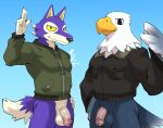  accipitrid accipitriform animal_crossing anthro apollo_(animal_crossing) avian bald_eagle bird bottomless canid canine canis clothed clothing duo eagle flaccid foreskin genitals greeting hi_res humanoid_genitalia humanoid_penis lobo_(animal_crossing) male mammal nintendo penis sea_eagle shirako video_games wolf 