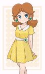  1girl alternate_costume artist_name blue_eyes brown_hair chocomiru crown crown_removed dress earrings eyebrows_visible_through_hair jewelry looking_at_viewer mario_(series) polka_dot polka_dot_background princess_daisy smile solo super_smash_bros. 