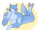  ambiguous_gender anthro blue canid canine canis crossed_legs fox fur girly hi_res hybrid jessoji looking_at_viewer lying male mammal nude on_front slim slim_male smile smug solo tail tongue tongue_out wolf 