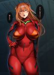  1girl absurdres blue_eyes bodysuit breasts contrapposto cowboy_shot hand_on_hip highres huge_breasts long_hair looking_at_viewer mandaring neon_genesis_evangelion open_mouth orange_hair plugsuit plump red_bodysuit solo souryuu_asuka_langley speech_bubble talking teeth thighs translation_request two_side_up upper_teeth 