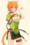  1girl :&lt; animal_ears bandaged_arm bandages bell belt blush breasts brown_gloves buckle cat_ears cat_girl cat_tail choker claw_pose closed_mouth collarbone cowboy_shot darahan eyebrows_visible_through_hair facial_mark fingerless_gloves fingernails fire_emblem fire_emblem:_radiant_dawn gloves green_choker green_skirt hands_up jingle_bell lethe_(fire_emblem) long_fingernails looking_at_viewer medium_breasts miniskirt one_side_up orange_hair purple_eyes short_hair short_sleeves side_slit signature single_glove skirt solo tail thigh_strap v-shaped_eyebrows whisker_markings 