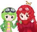  corset eyewear_on_head fawnmoth gachapin gloves goggles goggles_on_head green_hair kemono_friends keychain mukku red_hair scarf 