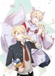  2boys :d animal_ear_fluff animal_ears black_nails black_pants blonde_hair blue_eyes bracelet cardigan_vest confetti cropped_jacket dual_persona earrings eating eye_contact floating flower_knot food fox_boy fox_ears fox_tail gakuran geta hair_between_eyes hair_ornament hairclip hakama holding holding_food jacket japanese_clothes jewelry kageuri kariginu kimono kitsune kurusu_shou looking_at_another male_focus milk_carton multiple_boys necktie open_clothes open_jacket outline pants red_kimono red_necktie ribbon-trimmed_sleeves ribbon_trim sandwich school_uniform shirt short_hair sleeves_folded_up smile striped_necktie stud_earrings tabi tail tassel untucked_shirt upper_body uta_no_prince-sama uta_no_prince-sama:_shining_live white_background white_outline white_shirt wristband x_hair_ornament 