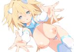  1girl blonde_hair blue_eyes breasts commentary_request crop_top detached_sleeves foreshortening hair_between_eyes hair_intakes hanging_breasts incoming_hug kz_oji large_breasts long_hair looking_at_viewer maebari nipples open_mouth original outstretched_arms revealing_clothes simple_background skindentation solo thighhighs thighs two_side_up white_background white_legwear 