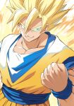  1boy aura blonde_hair clenched_hand closed_mouth dougi dragon_ball highres hirokiku male_focus muscular muscular_male simple_background sleeveless smile smirk solo son_goku spiked_hair super_saiyan 