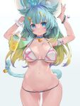  1girl animal_ears aqua_hair aqua_nails arms_up ball bangs bikini blonde_hair blue_background blue_hair blunt_bangs bottle breasts cat_ears cat_tail closed_mouth gradient gradient_background gradient_hair highres holding holding_ball indie_virtual_youtuber lanmewko large_breasts long_hair looking_at_viewer multicolored_hair nail_polish navel solo sweat swimsuit tail virtual_youtuber waterring 