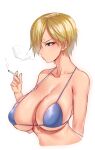  1girl anima_(togashi) bare_shoulders bikini blonde_hair blue_bikini breasts brown_eyes cigarette cleavage collarbone commentary_request cropped_torso genderswap genderswap_(mtf) hair_over_one_eye halterneck highres holding holding_cigarette huge_breasts one_piece sanji short_hair simple_background smoking solo string_bikini swimsuit upper_body very_short_hair wet white_background 