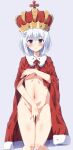  1girl absurdres bangs blue_eyes blush breasts cape closed_mouth covering covering_breasts covering_crotch crown date_a_live eggman_(pixiv28975023) embarrassed eyebrows_visible_through_hair feet_out_of_frame fur-trimmed_cape fur_trim groin hair_ornament hairclip highres large_breasts looking_at_viewer naked_cape navel red_cape short_hair solo standing stomach thigh_gap tobiichi_origami underboob white_hair 