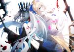  2girls artoria_caster_(fate) artoria_caster_(third_ascension)_(fate) artoria_pendragon_(fate) blonde_hair blue_eyes blue_lips crown facial_mark falling_petals fate/grand_order fate_(series) forehead_mark green_eyes highres marmyadose_(fate) morgan_le_fay_(fate) multiple_girls petals simple_background veil weapon white_background white_hair y_udumi 