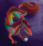  2022 ambiguous_gender asian_mythology barbel_(anatomy) black_horn blue_feet blue_markings claws countershade_scales countershading dragon east_asian_mythology eastern_dragon feral flesh_whiskers fluffy fluffy_tail gem green_markings hi_res holding_object horn long_tail mane markings mirsathia_(artist) mythology noodle_(jestrab) pearl_(gem) purple_background red_body red_ears red_scales reptile scales scalie shaded signature simple_background solo yellow_body yellow_claws yellow_countershading yellow_eyes yellow_inner_ear yellow_markings yellow_scales 