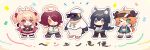  1boy 4girls animal_ears arknights bird bison_(arknights) black_hair blonde_hair chibi closed_mouth croissant_(arknights) emperor_penguin exusiai_(arknights) eyebrows_visible_through_hair hair_over_one_eye halo hand_up multiple_girls one_eye_closed open_mouth orange_hair penguin penguin_logistics_(arknights) peroppafu red_hair short_hair smile sora_(arknights) sunglasses texas_(arknights) the_emperor_(arknights) wings 