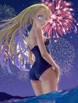  1girl a01macaron absurdres ass blonde_hair blue_eyes blue_swimsuit breasts competition_school_swimsuit cowboy_shot fireworks forehead from_above highres kofune_ushio long_hair looking_back night outdoors partially_underwater_shot school_swimsuit small_breasts soaking_feet solo summertime_render swimsuit water 