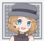  1girl black_shirt blonde_hair blush border chocomiru commentary eyewear_removed hat looking_at_viewer pokemon pokemon_(game) pokemon_xy polka_dot polka_dot_background serena_(pokemon) shirt short_hair skirt sleeveless smile solo upper_body white_border 