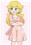  1girl alternate_costume artist_name blue_eyes chocomiru crown crown_removed dress earrings eyebrows_visible_through_hair jewelry long_hair looking_at_viewer mario_(series) polka_dot polka_dot_background princess_peach smile solo super_smash_bros. 