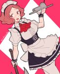  1girl alternate_costume apron ascot axe blush brown_eyes brown_hair cross-laced_clothes cup do_m_kaeru enmaided maid maid_apron maid_headdress okumura_haru open_mouth pantyhose persona persona_5 short_hair short_sleeves solo teacup tray twitter_username underbust waist_apron white_apron white_legwear wristband 