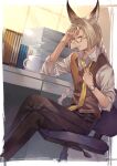  1boy absurdres adjusting_clothes adjusting_necktie alternate_costume animal_ears ayacho bangs black_pants book braid braided_ponytail brown_hair brown_vest cabinet chair coffee_cup collared_shirt contemporary crossed_legs cup disposable_cup feet_out_of_frame glasses granblue_fantasy grimace highres long_hair looking_at_viewer low_ponytail lu_woh_(granblue_fantasy) male_focus necktie office_chair pants semi-rimless_eyewear shirt sitting sleeves_pushed_up solo steam table v-shaped_eyebrows very_long_hair vest watch white_shirt wristwatch yellow_eyes yellow_necktie 
