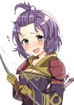  1girl :d absurdres ao_(flowerclasse) arrow_(projectile) bangs_pinned_back bernadetta_von_varley black_dress blush bow_(weapon) breasts brown_gloves cleavage collarbone commentary_request dress fire_emblem fire_emblem:_three_houses flying_sweatdrops forehead gloves grey_eyes highres holding holding_bow_(weapon) holding_weapon long_sleeves looking_at_viewer medium_breasts purple_hair quiver simple_background smile solo upper_body weapon white_background wide_sleeves 