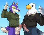  accipitrid accipitriform animal_crossing anthro apollo_(animal_crossing) avian bald_eagle bird bottomless canid canine canis clothed clothing duo eagle erection foreskin genitals greeting hi_res humanoid_genitalia humanoid_penis lobo_(animal_crossing) male mammal nintendo penis sea_eagle shirako video_games wolf 