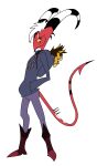 blep blitzo_(helluva_boss) boots charbold clothed clothing demon digital_media_(artwork) flat_colors footwear hair helluva_boss hi_res hoodie imp looking_at_viewer male plushie red_body red_eyes simple_background smile solo standing tongue tongue_out topwear 