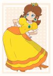  1girl blue_eyes border brooch brown_hair chocomiru closed_mouth dress earrings eyebrows_visible_through_hair full_body gloves high_heels highres jewelry mario_(series) polka_dot polka_dot_background princess_daisy smile solo super_smash_bros. white_border yellow_dress 