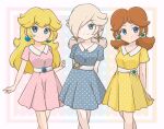  3girls alternate_costume artist_name blue_dress blue_eyes casual chocomiru closed_mouth crown crown_removed dress earrings eyebrows_visible_through_hair jewelry long_hair looking_at_viewer mario_(series) multiple_girls pink_dress polka_dot polka_dot_background princess_daisy princess_peach smile super_mario_galaxy super_mario_galaxy_2 super_smash_bros. yellow_dress 