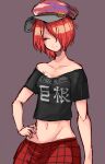  1girl bangs black_shirt breasts brown_background closed_mouth clothes_writing commentary_request cookie_(touhou) cowboy_shot hair_between_eyes hair_over_one_eye hand_on_hip hecatia_lapislazuli highres ktgijgkgdusimn_(cookie) looking_at_viewer medium_breasts midriff navel off-shoulder_shirt off_shoulder plaid plaid_skirt red_hair red_skirt shimosuke shirt short_hair simple_background skirt smile solo touhou 