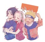  1girl 2boys arm_up armband arms_around_waist bangs black_eyes black_hair blonde_hair blue_shirt blush crossed_arms facial_mark hairband haruno_sakura headband high_collar highres jacket lightning_bolt_symbol lower_teeth multicolored_clothes multicolored_jacket multiple_boys naruto naruto_(series) open_mouth parted_bangs pink_hair red_shirt shirt short_sleeves shouting smile spiked_hair suzu_(tg_390) sweatdrop teeth uchiha_sasuke upper_body upper_teeth uzumaki_naruto white_background 