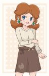  1girl alternate_costume artist_name blue_eyes brown_skirt casual chocomiru earrings eyebrows_visible_through_hair happy jewelry leaf_print looking_at_viewer mario_(series) open_mouth polka_dot polka_dot_background princess_daisy skirt smile solo super_smash_bros. 