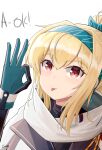  1girl blonde_hair bow eyebrows_visible_through_hair gamryous girls&#039;_frontline gloves green_bow green_headwear hair_bow hair_ribbon highres looking_at_viewer multicolored_clothes multicolored_gloves ok_sign red_eyes ribbon russian_flag scarf smile solo sv-98_(girls&#039;_frontline) tongue turtleneck white_scarf 