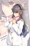  1girl adjusting_clothes artist_name brown_eyes dated eyebrows_visible_through_hair grey_hair hair_ornament haruna_(kancolle) headgear highres himeyamato kantai_collection long_hair long_sleeves military military_uniform solo solo_focus uniform white_uniform zoom_layer 
