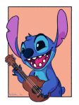  2022 4_fingers alien back_markings blue_body blue_claws blue_eyes blue_fur blue_nose chest_tuft claws disney experiment_(lilo_and_stitch) fingers fur head_tuft holding_musical_instrument holding_object kylah_h lilo_and_stitch lute markings musical_instrument notched_ear open_mouth open_smile plucked_string_instrument simple_background small_tail smile solo stitch_(lilo_and_stitch) string_instrument tuft ukulele 