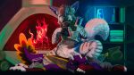  2022 absurd_res angry anthro bong clave clothed clothing detailed_background diaper digital_drawing_(artwork) digital_media_(artwork) drugs duo fireplace fur grey_body grey_fur hi_res hyaenid lamp lava_lamp liko_(character) male mammal sexotheque teeth 