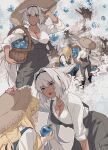  animal_ears blonde_hair blue_apple blue_eyes boots breasts caenis_(fate) cleavage dark_skin fate/grand_order fate_(series) hair_intakes hairband hat highres hipo kirschtaria_wodime large_breasts long_hair multiple_views overalls ponytail shirt straw_hat tattoo tree white_hair white_shirt 