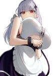  1girl apron azur_lane bangs bare_arms black_dress black_ribbon blunt_bangs breasts center_frills clothing_cutout dido_(azur_lane) dress earrings eyebrows_visible_through_hair frilled_apron frilled_dress frills from_below headband huge_breasts jewelry light_purple_hair looking_at_viewer looking_down red_eyes ribbon simple_background sleeveless sleeveless_dress solo suminagashi two-tone_dress underboob underboob_cutout waist_apron white_apron white_background white_dress 